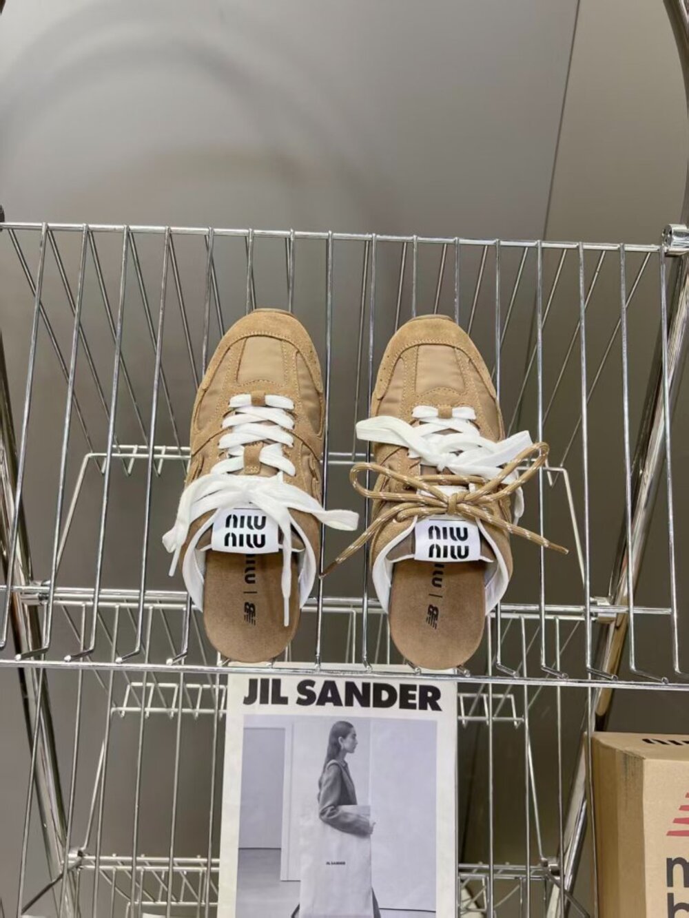 Miu Miu x New Balance Tan Slip-On Mule Sneakers Dual Laces